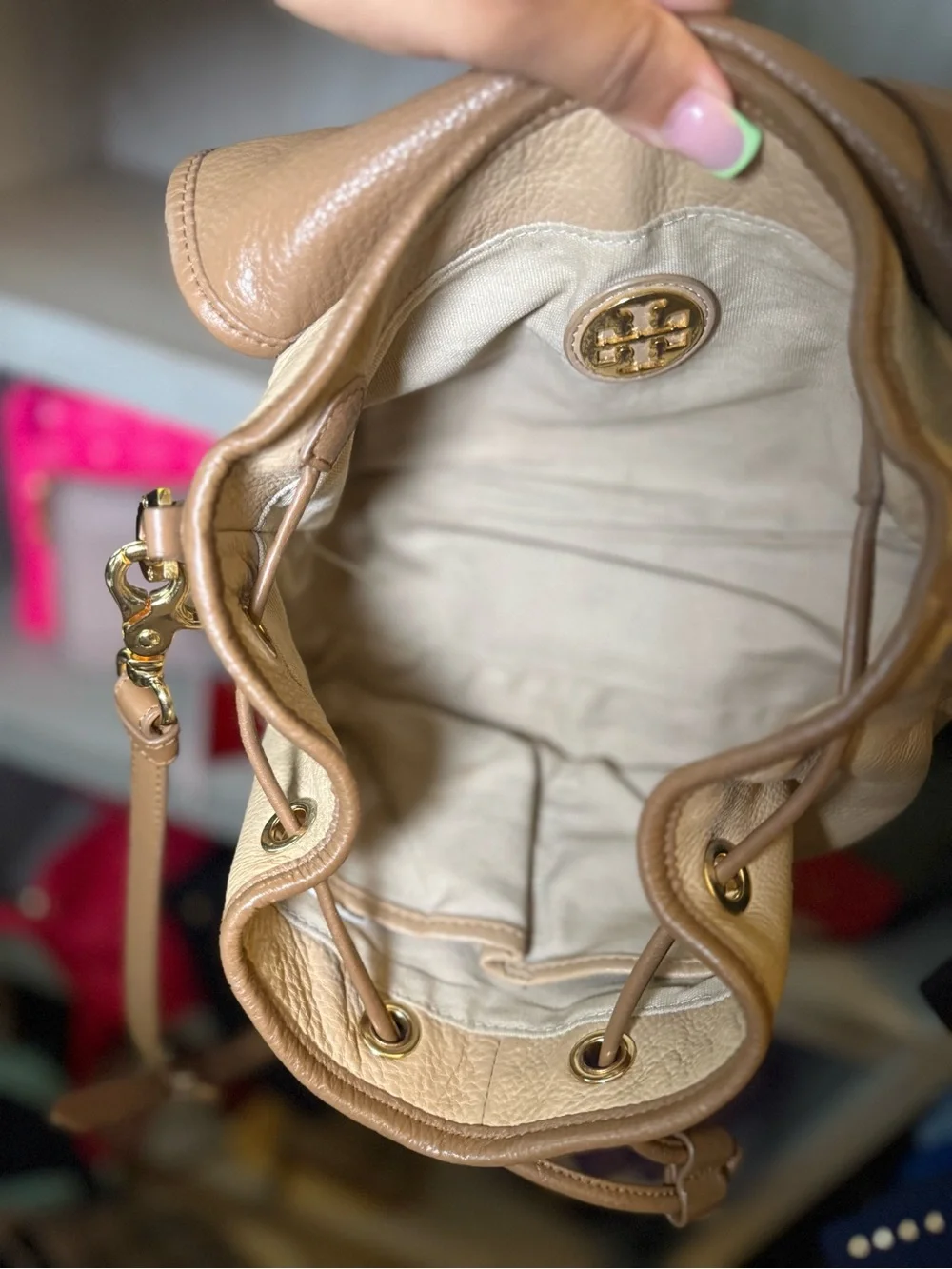 Tory Burch Two-Tone Camel and Beige Pebbled Leather Crossbody